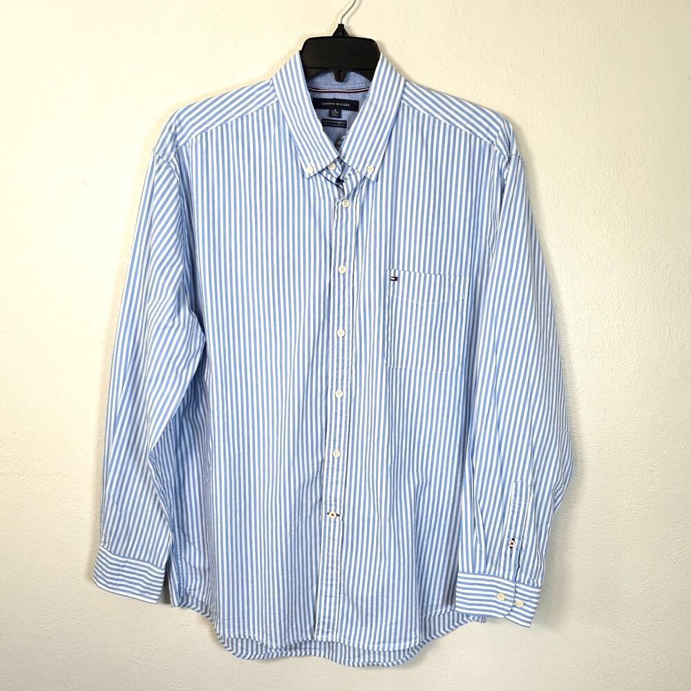 Tommy Hilfiger Classic Fit Stretch Shirt Men's XL Blue Stripe Preppy Casual Work